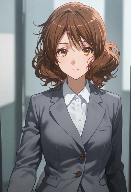 (safe:1.10), full body:1.10,best quality, masterpiece, highres, solo, oumae, short_hair, brown_hair, brown_eyes, portrait, looking at viewer,
,business suit,office lady,collared shirt,grey jacket,grey skirt,pencil skirt,pantyhose,shoes