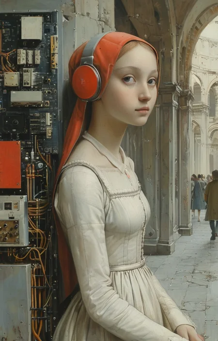 masterpiece,best quality,<lora:tbh184-sdxl:0.8>,illustration,style of Antonello da Messina, tech genius teenage girl