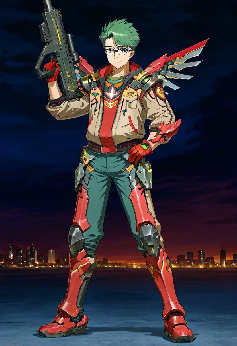 gb4_tao, green hair, short hair, grey eyes, 1boy, solo, male focus, glasses, lean body, wear mecha armor with eagle mecha wings, red mecha armor theme, fly toward the viewer, fight pose, high quality,  armaments equipped in the armor,  score_9, futuristic city in the background, BREAK, his right hand is holding beam rifle, high quality, best quality, masterpiece, detailed draw,detailed eyes, detailed face