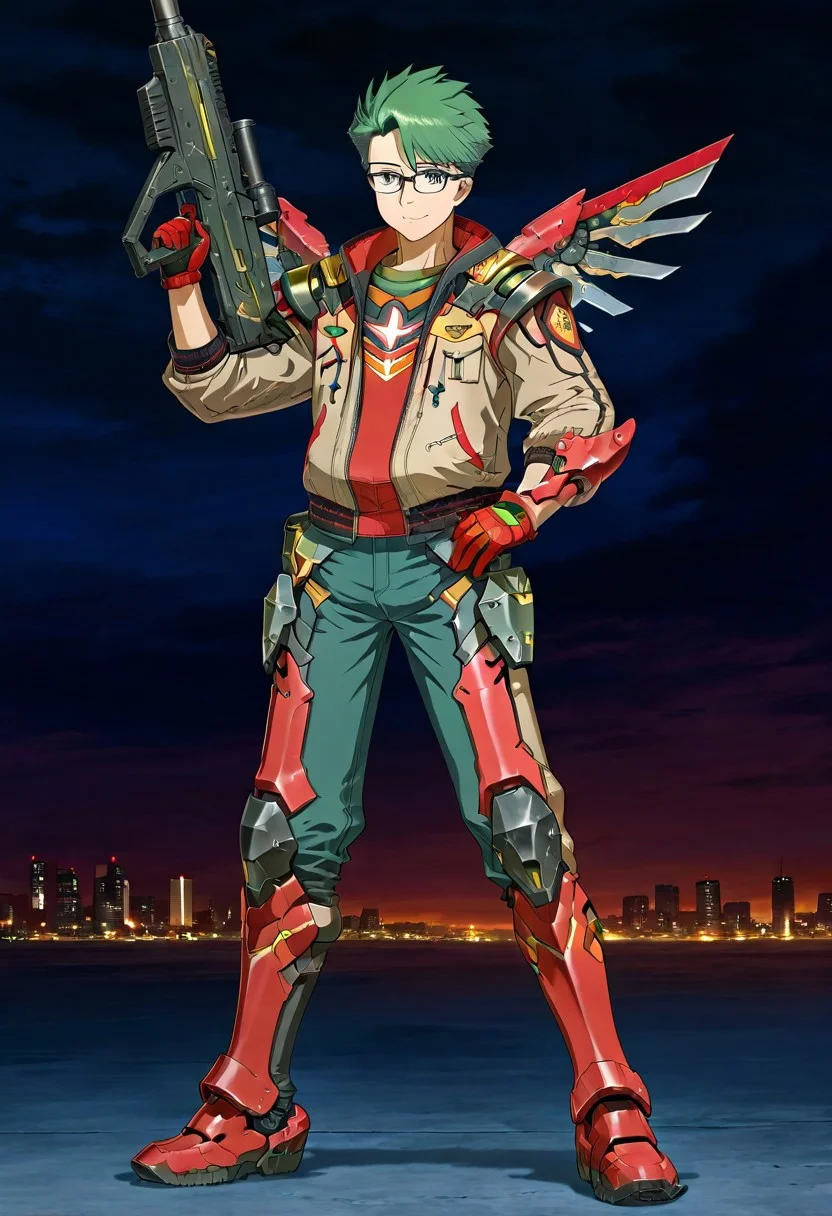 gb4_tao, green hair, short hair, grey eyes, 1boy, solo, male focus, glasses, lean body, wear mecha armor with eagle mecha wings, red mecha armor theme, fly toward the viewer, fight pose, high quality, armaments equipped in the armor, score_9, futuristic city in the background, BREAK, his right hand is holding beam rifle, high quality, best quality, masterpiece, detailed draw,detailed eyes, detailed face