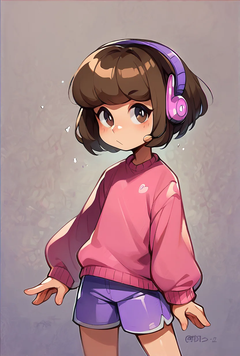 score_9, score_8_up, score_7_up,, good quality ,, character focus, solo, , best quality , detailed background, <lora:melodii-06:1.2> melodii, brown hair, 1girl, short hair, purple headphones, pink sweater, long sleeves, purple shorts