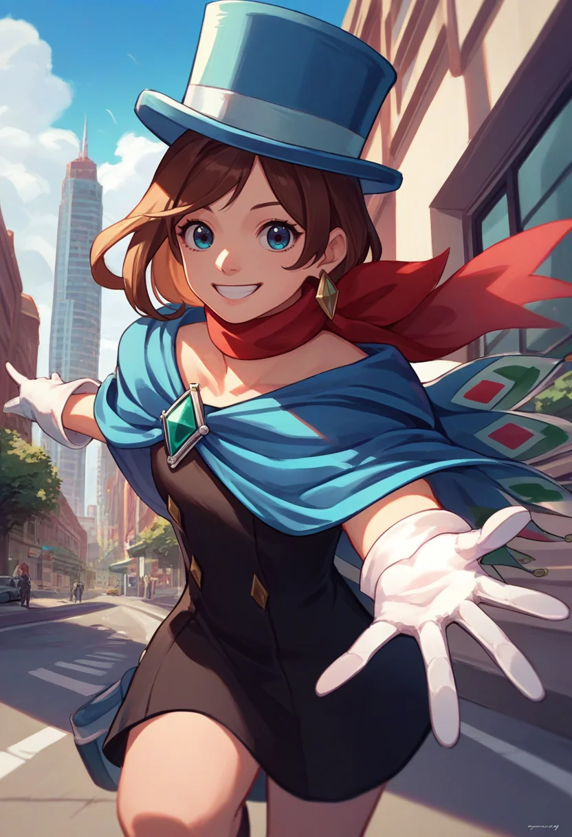 score_9, score_8_up, score_7_up, source_anime, solo, 1girl, trucy wright, smile, looking at viewer, outstretched arm, reaching towards viewer, top hat, dress, cape, white gloves, scarf, earrings, outdoors, city street <lora:aa_trucywright_ponyXL:1>