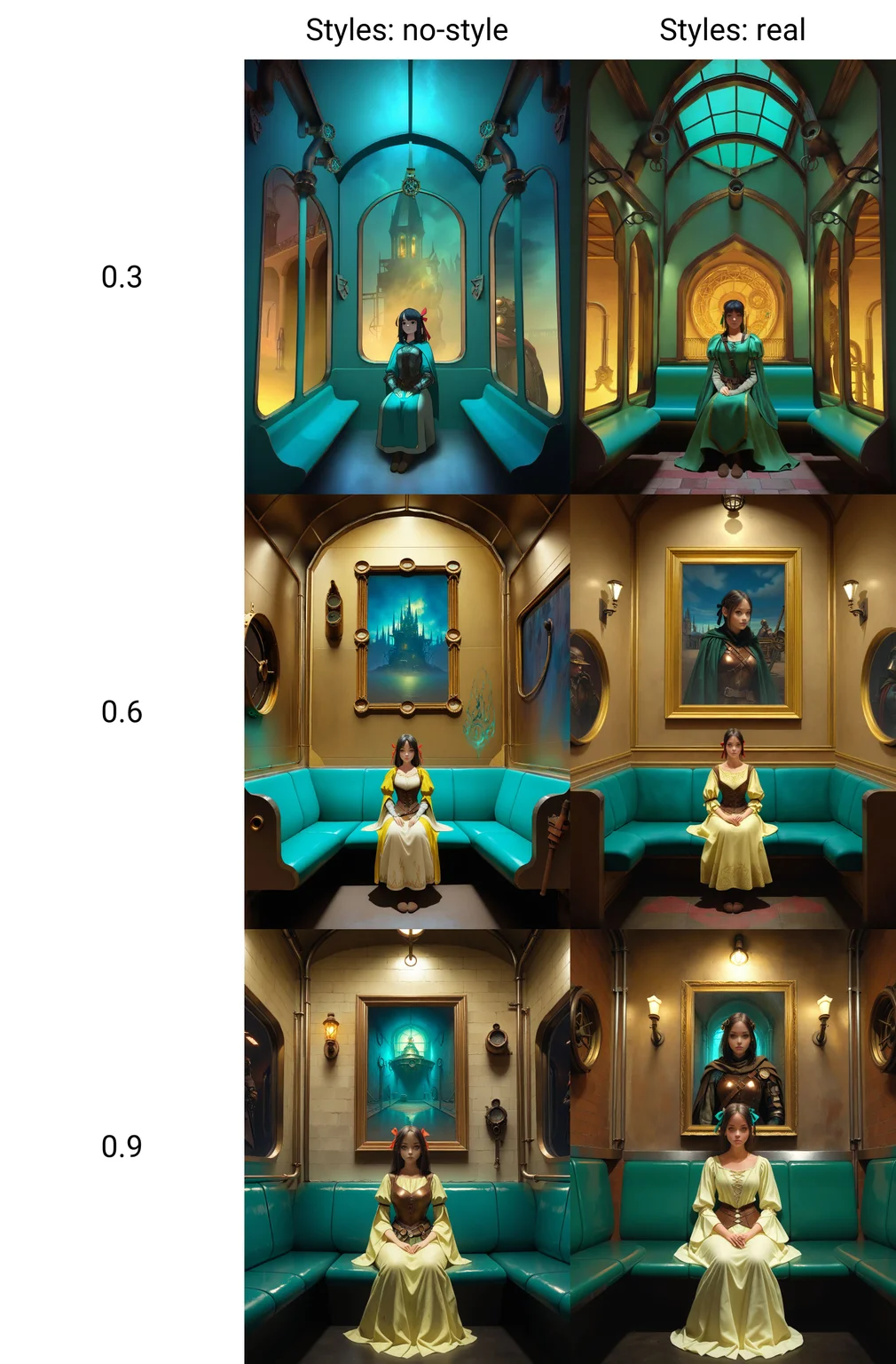 <lora:semireal:0.3>, vibrant metallic colors, (Matte_Painting:1.5), detailed face, 1 female, expressionless, black hair, hair ribbon, Subway, sitting, aqua seats, metallic pipes, reflective wall, masterpiece, best quality, absurdres, highres, ethereal fortress of the elven king, Diagonal Composition shot, twilightzone, (fantasy, medieval, magic, steampunk, magicpunk)