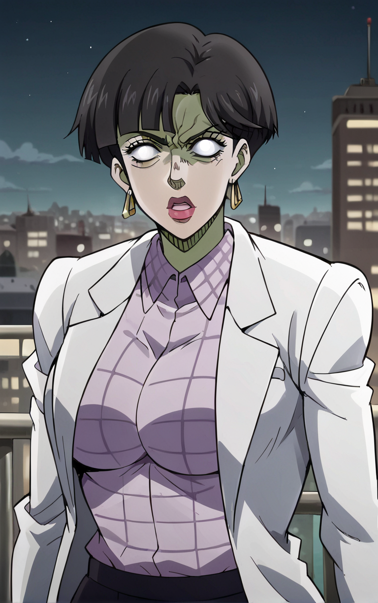 score_9, score_8_up, score_7_up, looking at viewer,  BREAK 
Zombie_JoJoStardustCrusade_Nurse_ownwaifu, zombie, 
1girl, black hair, earrings, short hair, jewelry, white eyes, lipstick, large breasts, no pupils, blank eyes, bangs, colored skin, hoop earrings, makeup, lips,  
checkered clothes, long coat, long sleeves, purple shirt, labcoat, collared shirt, shirt, skirt, white coat, plaid shirt, striped shirt,
(standing, arm_support), railing, cityscape, night, city, city lights, scenery, starry sky, outdoors, <lora:PONYXL_JoJoStardustCrusade_Nurse_ownwaifu:0.8> , depth of field, solo,