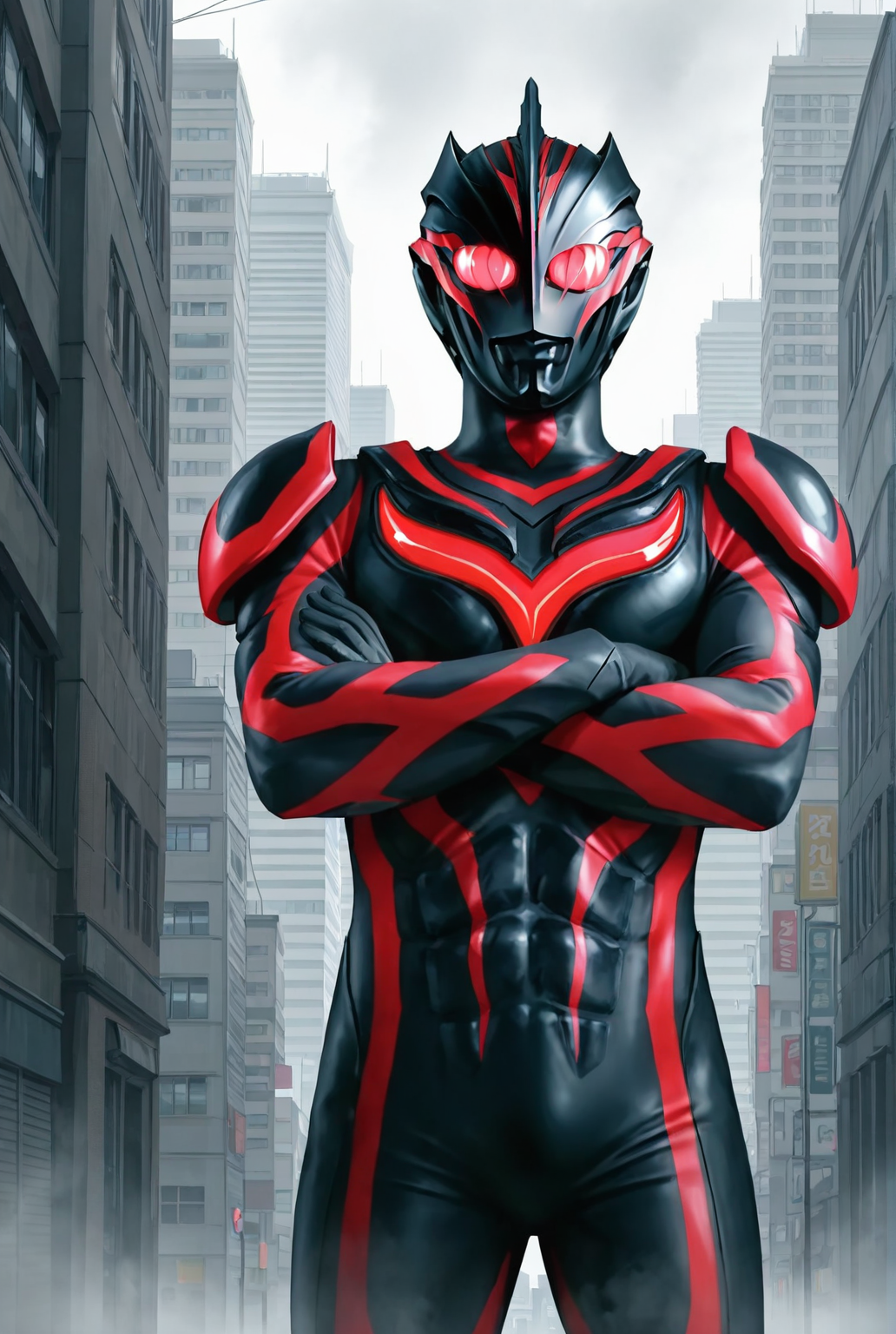 score_9,score_8_up,score_7_up,best quality,ultra-detailed,high resolution,digital painting,8k,1boy,solo,cowboy shot,male focus,detailed face,black bodysuit,tokusatsu,red eyes,glowing eyes,helmet,standing,crossed arms,cityscape,giant, looking at viewer,<lora:add-detail-xl:1>,<lora:Ultraman Dark Zagi:0.7>,zhaji,