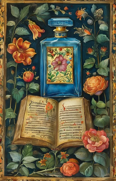 masterpiece,best quality,<lora:tbh294-sdxl:0.9>,illustration,style of Illuminated manuscript A bottle of perfume in garden