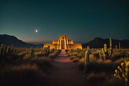 (tall ancient stone towers; 1.39) (ziggurat temple complex emerging from landscape: 1.39) raw photo, moonlight, night photography, high exposure, Arizona desert, Saguaro Cactus, Tall Mesa, cozy, photorealistic, high detailed texture, 8k uhd, dslr, soft lighting, high quality, film grain, (Fujifilm XT3, Sony A7 IV: 1.19), highly detailed photography, (muted colors, cinematic, dim colors, soothing tones:1.2), vibrant, insanely detailed, hyperdetailed, (dark shot:1.2), (vsco:0.3), (intricate details:0.9), (hdr, hyperdetailed:1.2) (highest coherency: 1.39) (highest quality: 1.39) (rule of Thirds) (award winning) (breathtaking) (masterclass) (vibrant color: 0.79) (distant hillside) (cinematic lighting, David Park, lights,) (purple-green glow)