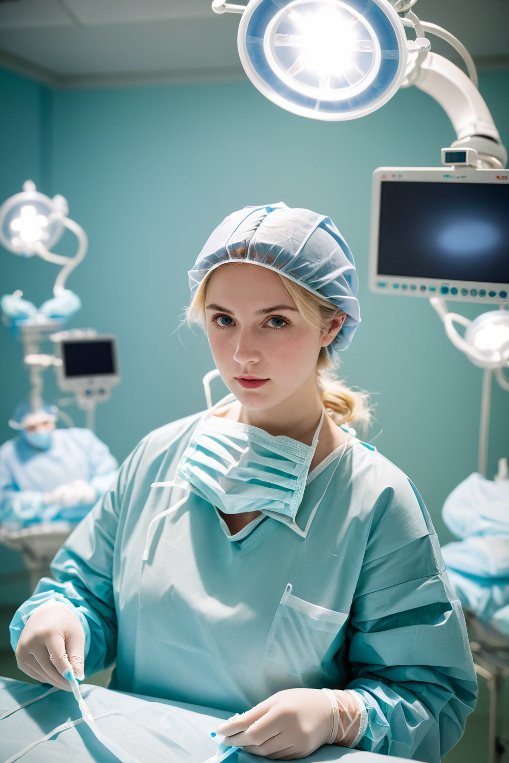 (RAW photo, best quality), 1girl,  blonde, long sleeve surgical outfit, surgical mask,  surgical gloves, surgical cap,  operating room, overhead surgical light, blurred background, focused 
 <lora:concept_surgeon_mask_open_xl_v1-000002:1>, surgical_mask_open, completely_undone, masterpiece, best quality,