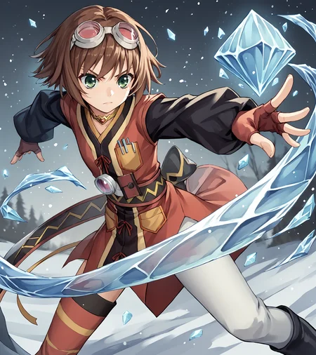 score_9, score_8_up, score_7_up, score_6_up, score_5_up, score_4_up, BREAK source_anime,
1girl, solo, <lora:RitaMordio:0.9>, Rita Mordio, green eyes, brown hair, short hair, flat chest, goggles on head, choker, red dress, black sleeves, fingerless gloves, single leg pantyhose, asymmetric legwear, boots,
action pose, casting a spell, magical particles, ice, frost, blue crystals, snow
<lora:Chocochip:1>,