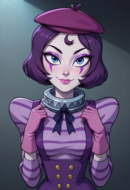 ((bedroom background)),score_9, score_8_up, score_7_up,score_6_up,
1girl, Solo, Mimegirl_Svtfoe, white face paint, pale cream skin, grayish blue eyes, dark purple hair, short bob haircut, purple eyeliner, purple eyeshadow, pink lipstick, purple beret, purple striped lilac shirt with a ruffled collar, pink gloves, purple suspenders with four gold buttons, dark purple knee-high boots, big eyes, medium stature, social smile, sexy face, close-up, face photo, perfect eyes, perfect smile, looking at the viewer, big breasts, detailed eyes, perfect eyes