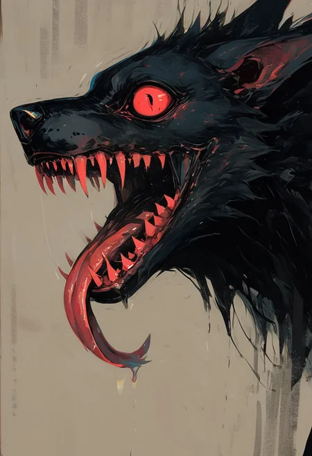A rabid black dog with it's tongue hanging from it's mouth, side view. Point ears, sharp teeth.