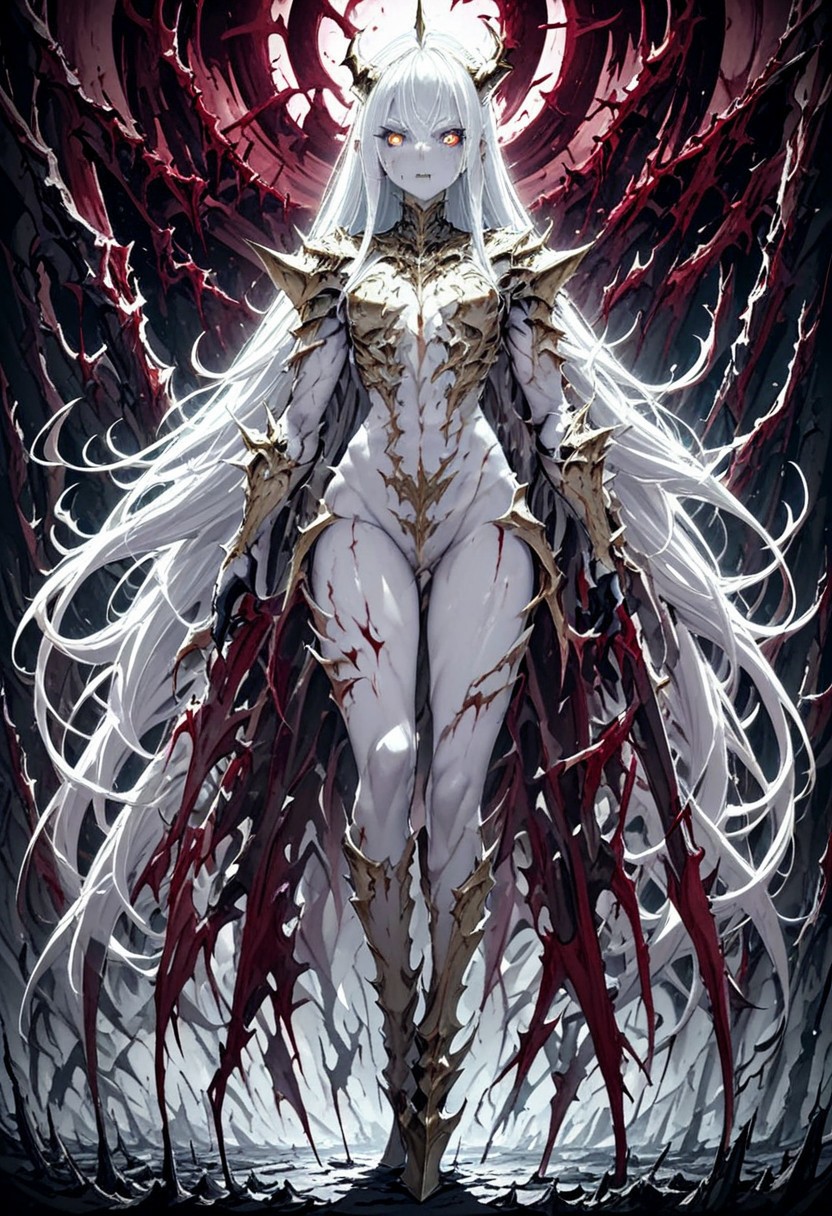 very long messy hair, red hair, yellow eyes, wearing golden knight armor, (looking at viewer:1.5), (best quality), (highly detailed), masterpiece, purple eyes, best quality, masterpiece, high res, character focus, girl, outdoors, blood moon, a lot of swords in the background, demon warrior, demon armor, white skin, white hair, blue glowing eyes
