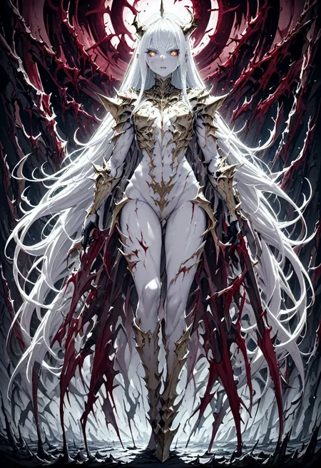 very long messy hair, red hair, yellow eyes, wearing golden knight armor, (looking at viewer:1.5), (best quality), (highly detailed), masterpiece, purple eyes, best quality, masterpiece, high res, character focus, girl, outdoors, blood moon, a lot of swords in the background, demon warrior, demon armor, white skin, white hair, blue glowing eyes