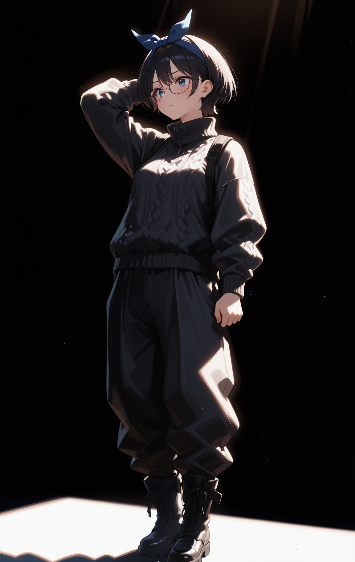 perfect quality,high quality,masterpiece,best quality,amazing quality,very aesthetic,absurdres,Cinematic Lighting,newest,Tactical use of shadow,
front view,full_shot,Boredom,
SarashinaRukaCYQL,<lora:SarashinaRukaCYQL:1>,1girl,solo,short hair,black hair,bangs,hairband,blue eyes,(black knit turtleneck, wide white pants:1.2), boots, (glasses:1.2),
full body,standing,arm_behind_head,,
darkgray background,simple background,
backlighting,usnr,gbf_style,748cmstyle,<lora:USNR STYLE_XL_loha:0.45>,<lora:MGE_V5.3:0.6>,<lora:748cmSDXL:0.8>,<lora:ponyv5_noobV065S_1_adamW:0.7>,<lora:backlitILL:0.5>,,