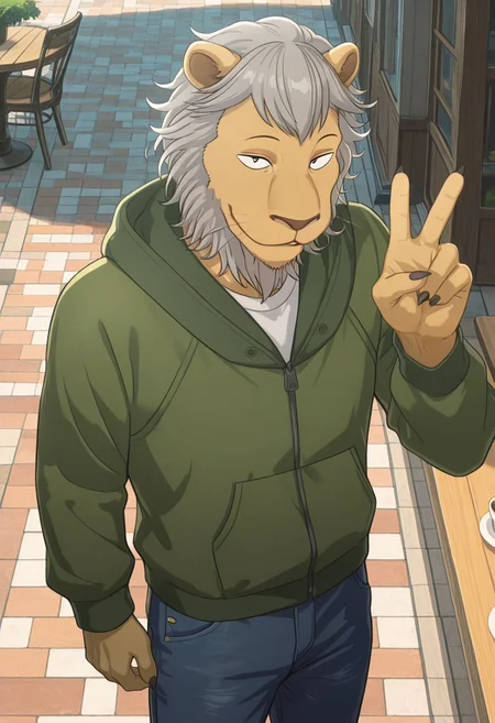 masterpiece, best quality, amazing quality, very aesthetic, absurdres, newest, high quality, detailed, male, solo male, Eado, 1boy, mature male, male, athletic build, anthro, lion, animal ears, tan fur, grey hair, black eyes, round ears, whiskers, white shirt, green hoodie, blue jeans, half body, looking at viewer, smiling, peace sign, hand up, outdoors, outdoor cafe, volumetric lighting, high angle, standing, cowboy shot, dynamic shot