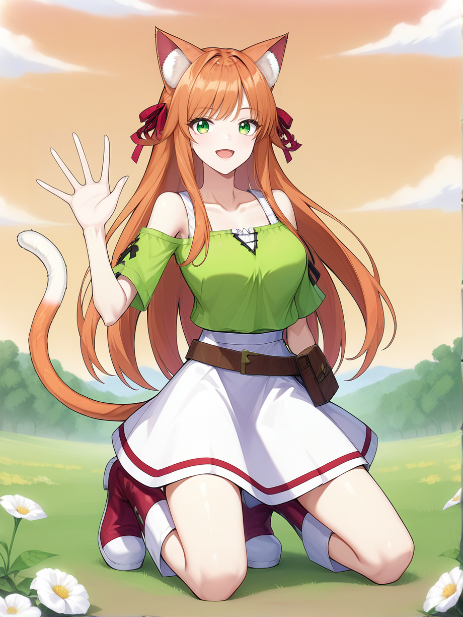score_9, score_8_up, score_7_up, source_anime
kanade, orange hair, long hair, animal ears, animal ear fluff, green eyes,red hair ribbon, cat tail, two-tone tail, green shirt, off shoulder, bare shoulders, white skirt, red strip on skirt, brown belt, belt pouch, white bra, 1girl, solo, boots, red footwear, white footwear, kneeling, field, flowers, sunset, 
waving,
 <lora:kanade from beast tamer v0.1:1> <lora:Expressive_H:0.2>  <lora:StS_PonyXL_Detail_Slider_v1.4_iteration_3:0.2>