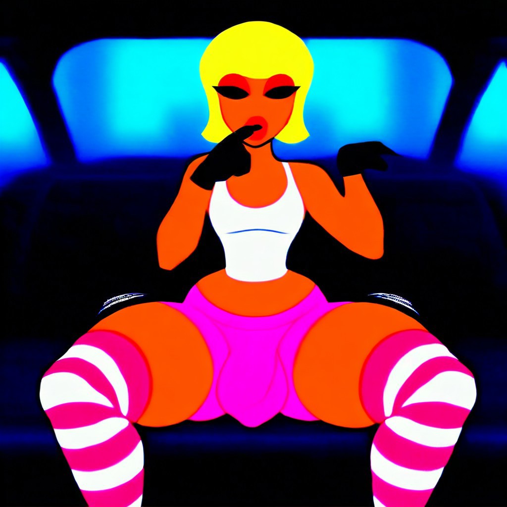 programmer, bulge, wide hips, love handles, pink shorts, white tank top, striped thigh-high socks, black gloves, 
red lips, short blonde hair, sitting in a car, cartoon, motion lines outside window, spread legs, finger on lips