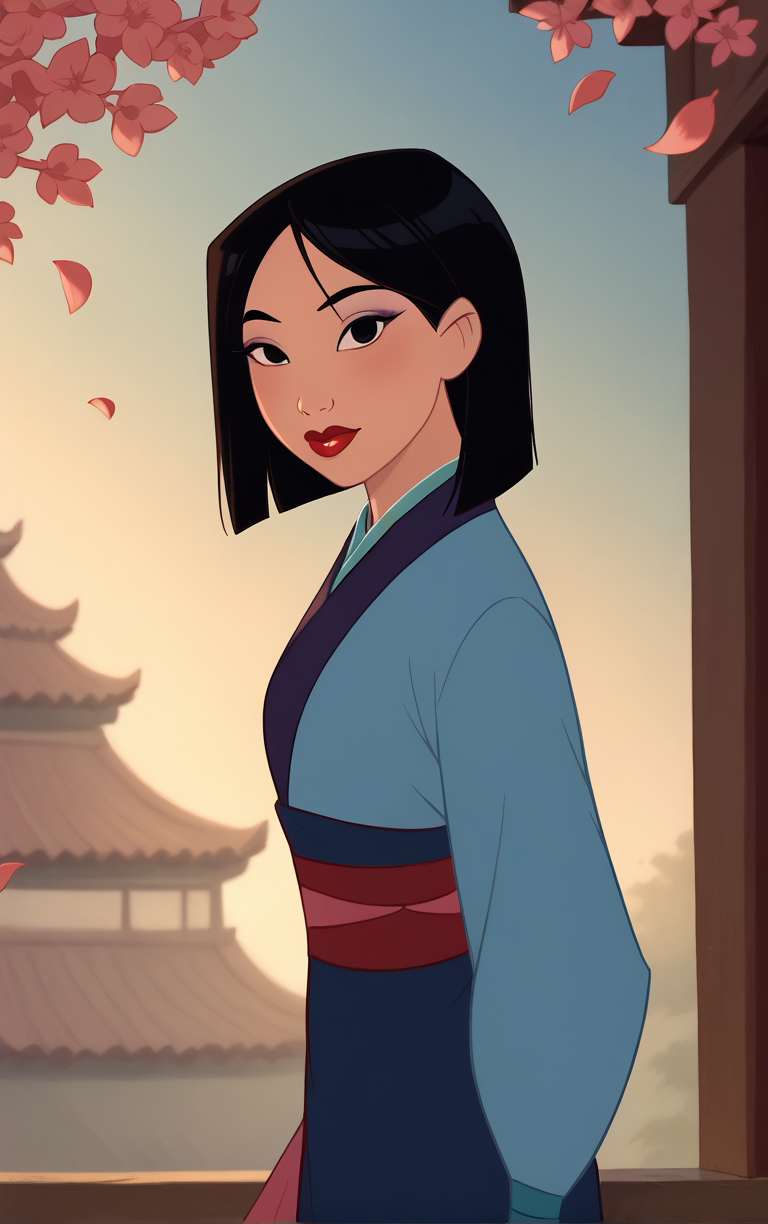 score_9, score_8_up, score_7_up, looking at viewer,  BREAK
BlueDress_Fa_Mulan_ownwaifu,  
1girl, black hair, black eyes, long sleeves, long hair, dark skin, lips, lipstick, bangs, makeup, red lips, hair over one eye, medium hair, parted bangs,
japanese clothes, korean clothes, kimono, hanbok, dress, sash, blue dress, puffy sleeves,
(contrapposto, from side, looking down, cowboy shot), falling petals, red petals, simple background, bokeh,  <lora:PONYXL_Fa_Mulan_Movie_ownwaifu:0.85>, solo,