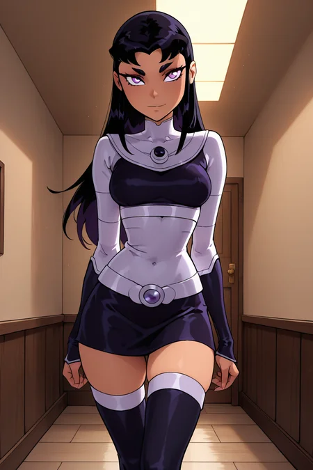 masterpiece, best quality, 1girl, solo, eyelashes, (beautiful eyes), zzBlkFr, purple eyes, black hair, long hair, thighhighs, skirt, <lora:BlackfireDCIXL_v2:1.0>,