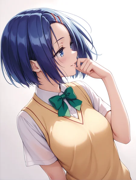 masterpiece,best quality,newest,
1girl,solo,
<lora:s_haruna_ilxl_v1.2:1>,h_clip,blue hair,blue eyes,h_clothes,green bowtie,short sleeve blouse,yellow vest,
<lora:Fixhands_anime_bdsqlsz_V1:1>,dynamic_angle,cinematic_angle,seductive_smile,white background,simple_background,light_blush,profile,hand to own mouth,parted lips,