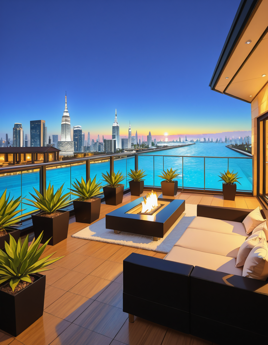 A breathtaking photo of a luxurious private rooftop at sunset, designed in a modern and elegant architectural style. The rooftop features a large infinity pool with crystal-clear water reflecting the warm golden hues of the sky. Surrounding the pool are plush, oversized lounge chairs with soft white cushions, neatly arranged under stylish wooden pergolas with flowing white curtains. In the background, a panoramic city skyline with shimmering skyscrapers stretches across the horizon. Ambient string lights hang delicately overhead, casting a soft, romantic glow. A chic outdoor bar with marble countertops is positioned on one side, decorated with fresh tropical plants and golden lanterns. The atmosphere feels serene and exclusive, with subtle reflections on the polished wooden floor. The lighting is a perfect mix of natural sunset tones and ambient soft white lights. The overall mood is peaceful, sophisticated, and inviting, ideal for an elite gathering or private escape.
<lora:SDXLFaeTastic2400:0.4> <lora:extremely_detailed:0.4> extremely detailed, <lora:luxurious_pr1v4t3_r00ft0p-i:1>,luxurious pr1v4t3 r00ft0p, Masterpiece,best quality,hi res,8k,hi res,8k,award winning,(sharp focus, intricate, highly detailed),