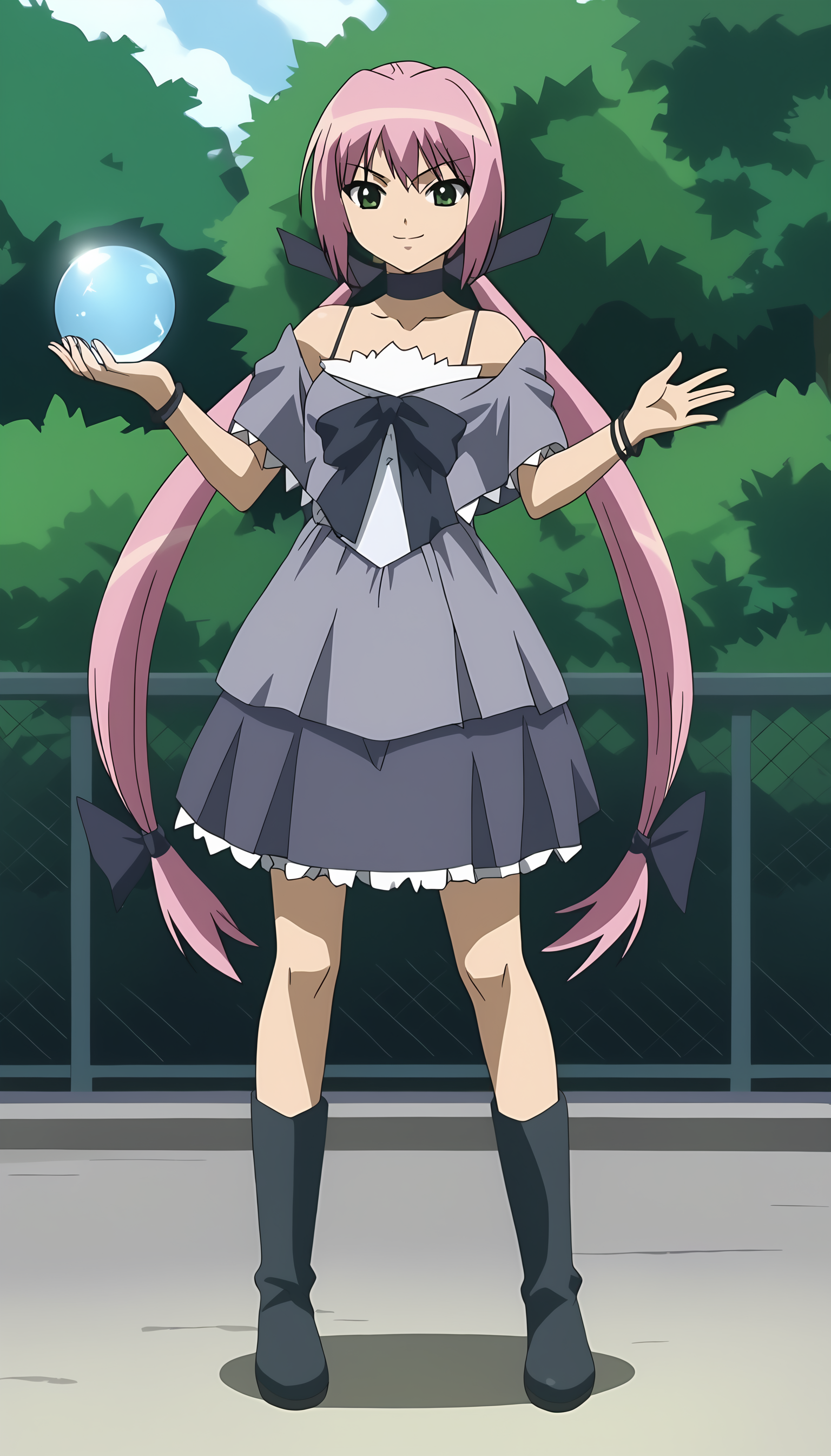 score_9, source_anime BREAK, oldest,  anime screencap,  outdoors, school yard, day, sunlight,<lora:MichiruMamiya-13(Pony):1>MichiruMamiya, 1girl, solo, long hair, low twintails, pink hair,  bangs, evil smile, green eyes, bare shoulders,  crystal orb, holding, holding crystal orb, 
 dress straps, dress, hair ribbon,  ribbon,  black ribbon, boots, black boots,  choker,  black choker,  bow, black bow, bracelet, multiple bracelets, cape, frilled skirt, black skirt,  (two hand multiple bracelets),