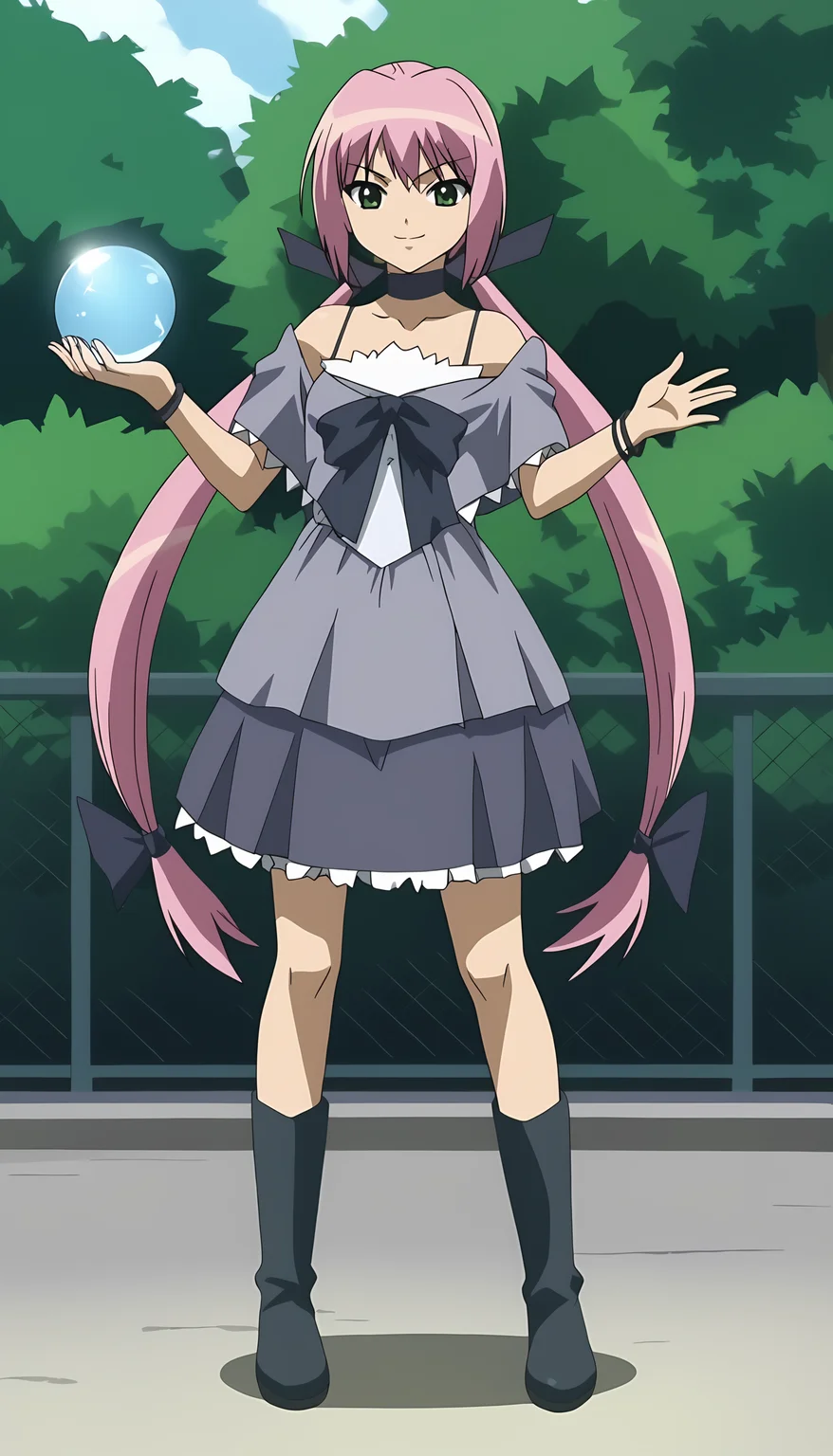 score_9, source_anime BREAK, oldest, anime screencap, outdoors, school yard, day, sunlight,<lora:MichiruMamiya-13(Pony):1>MichiruMamiya, 1girl, solo, long hair, low twintails, pink hair, bangs, evil smile, green eyes, bare shoulders, crystal orb, holding, holding crystal orb,
dress straps, dress, hair ribbon, ribbon, black ribbon, boots, black boots, choker, black choker, bow, black bow, bracelet, multiple bracelets, cape, frilled skirt, black skirt, (two hand multiple bracelets),