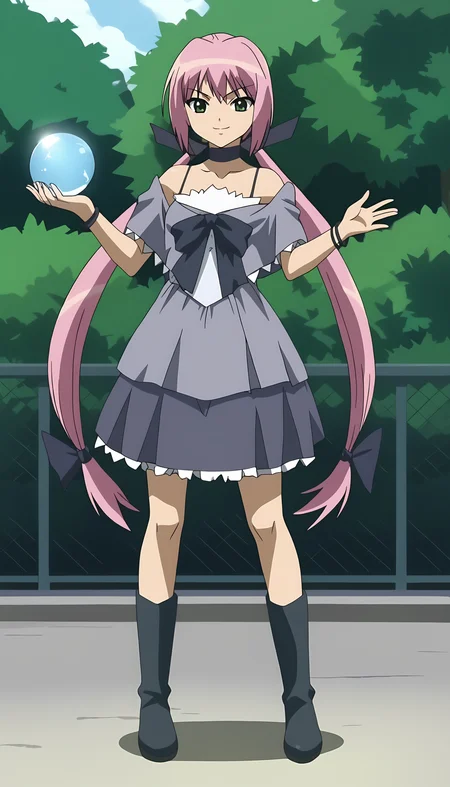 score_9, source_anime BREAK, oldest, anime screencap, outdoors, school yard, day, sunlight,<lora:MichiruMamiya-13(Pony):1>MichiruMamiya, 1girl, solo, long hair, low twintails, pink hair, bangs, evil smile, green eyes, bare shoulders, crystal orb, holding, holding crystal orb,
dress straps, dress, hair ribbon, ribbon, black ribbon, boots, black boots, choker, black choker, bow, black bow, bracelet, multiple bracelets, cape, frilled skirt, black skirt, (two hand multiple bracelets),