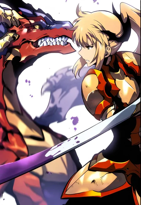 8K, depth of field, focused subject, best quality, <lora:solo_leveling_by_readandsign_fin-000014:1>,
rf64u, 1girl, solo, long hair, bangs, blonde hair, holding, brown eyes, yellow eyes, ponytail, weapon, sidelocks, parted lips, teeth, sword, holding weapon, armor, from side, holding sword, clenched teeth, motion blur, dragon, battle, duel, fx, fight stance, violet blood
