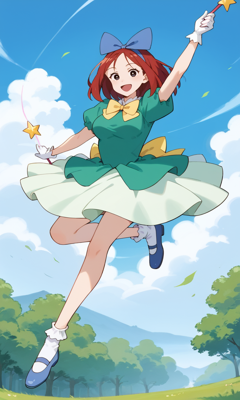 (1girl:1.5), (solo:1.3), (score_9, score_8_up, score_7_up, score_6_up, score_5_up, score_4_up), (source_anime), rating_questionable, looking at viewer, (full body:1.3), outdoors, blue sky, floating, 
 (shiwasu-mari), (black eyes, red hair, medium hair, parted bangs, parody hair), (large breasts), (smile, happy, open mouth, wide mouth), <lora:magical-mari-late_v1:0.8> (blue big hair bow, green dress, princess tutu, puffy short sleeves, yellow bowtie, white gloves, white bobby socks, blue footwear, mary janes), (holding wand), arms up,