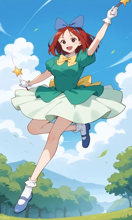 (1girl:1.5), (solo:1.3), (score_9, score_8_up, score_7_up, score_6_up, score_5_up, score_4_up), (source_anime), rating_questionable, looking at viewer, (full body:1.3), outdoors, blue sky, floating,
(shiwasu-mari), (black eyes, red hair, medium hair, parted bangs, parody hair), (large breasts), (smile, happy, open mouth, wide mouth), <lora:magical-mari-late_v1:0.8> (blue big hair bow, green dress, princess tutu, puffy short sleeves, yellow bowtie, white gloves, white bobby socks, blue footwear, mary janes), (holding wand), arms up,