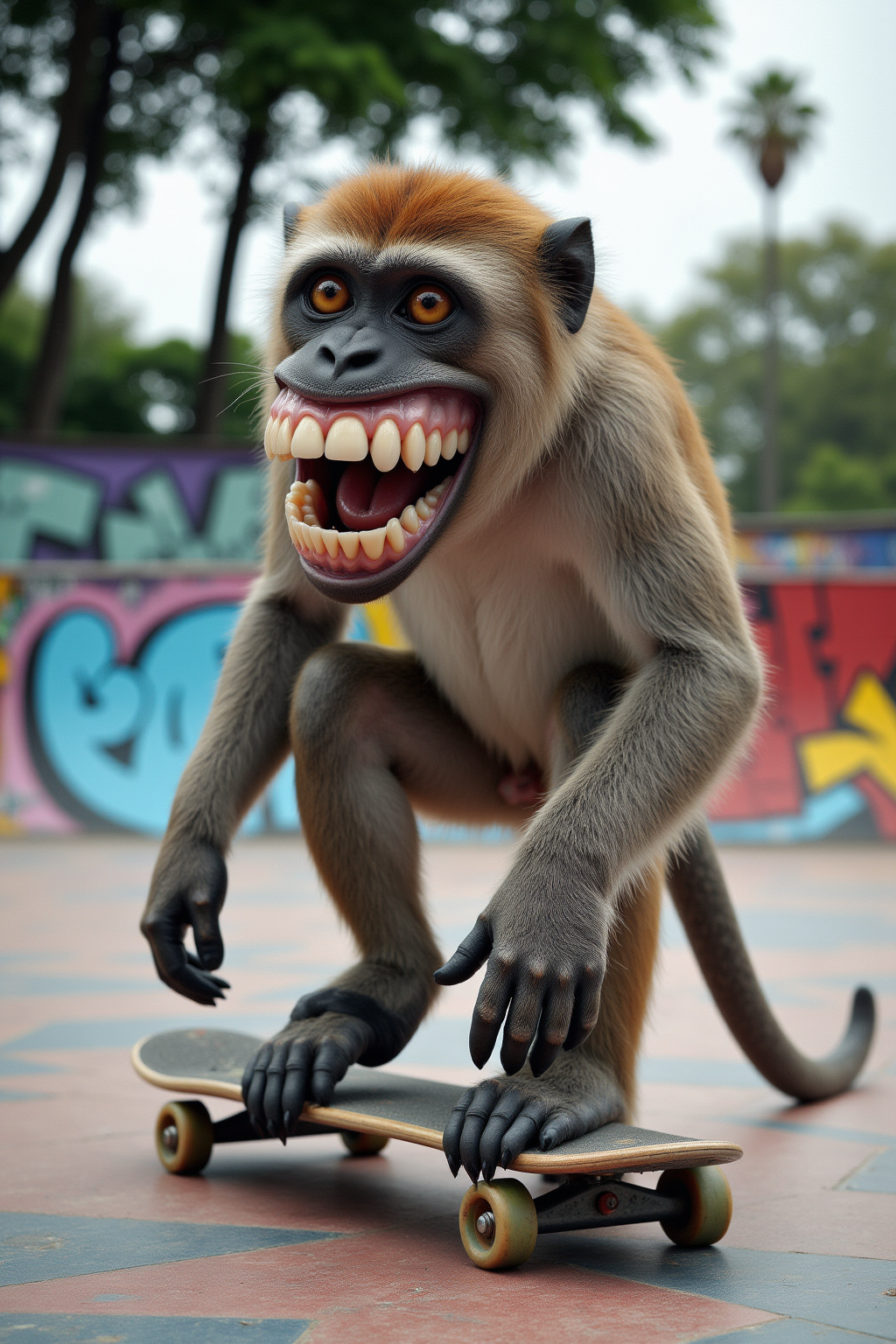 Professional photo of an animal with human teeth. It is A monkey riding a skateboard in a colorful park with graffiti on walls nearby.
