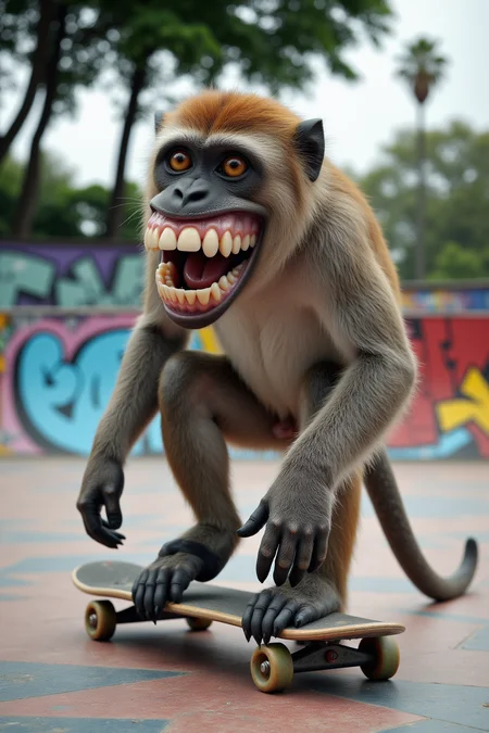 Professional photo of an animal with human teeth. It is A monkey riding a skateboard in a colorful park with graffiti on walls nearby.