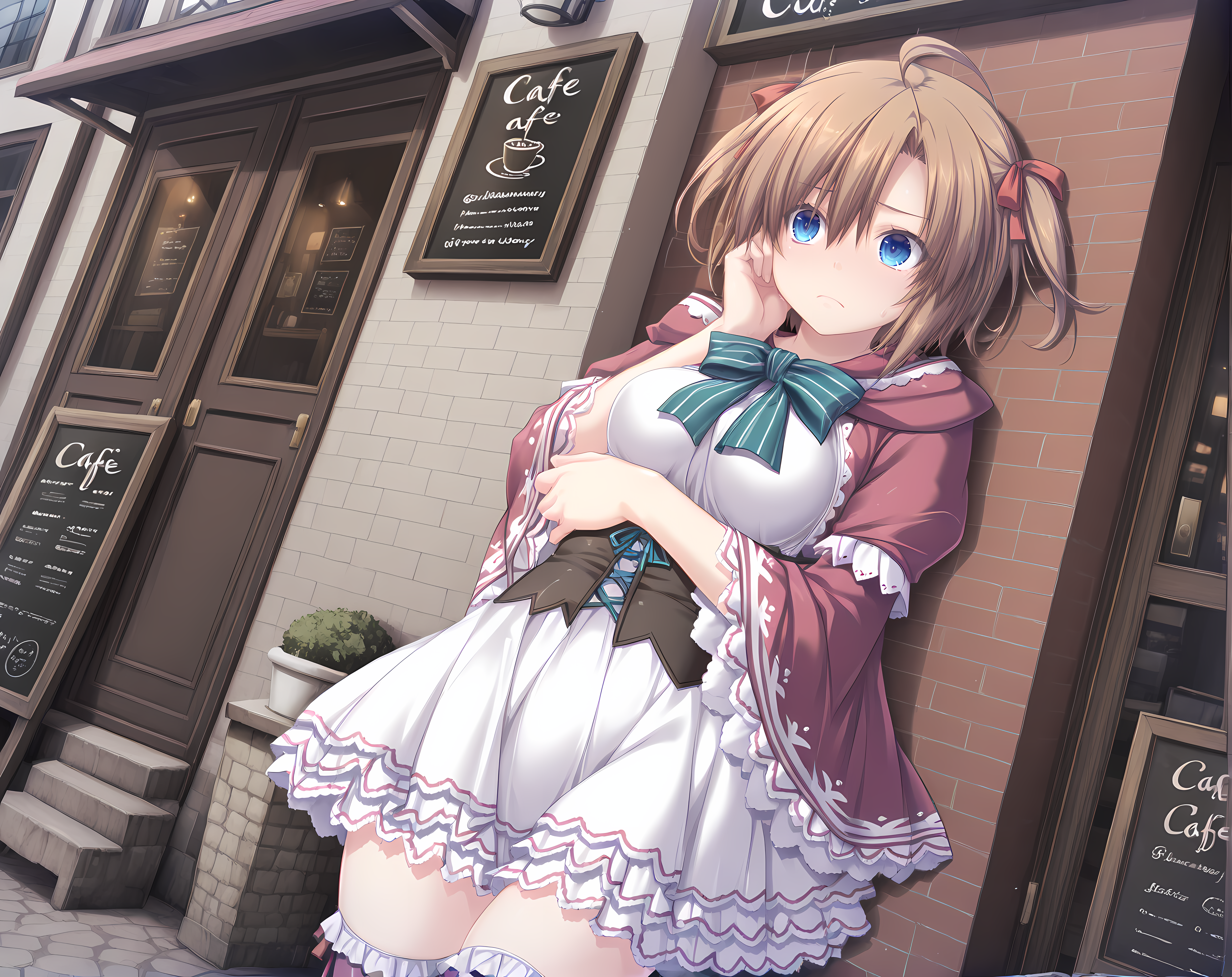 solo,<lora:Shuri_Leyssen:0.9>,shuri,brown hair,medium breasts,short hair,blue eyes,hair between eyes,hair ribbon,ahoge,base outfit,thighhighs,standing,hand on own cheek,thinking,arm under breasts,hand on own elbow,frown,outdoors,leaning_back,against wall,cafe,sleeves past wrists,wide sleeves,, masterpiece,best quality,amazing quality, very aesthetic, absurdres,detailed eyes,ultra-detailed,