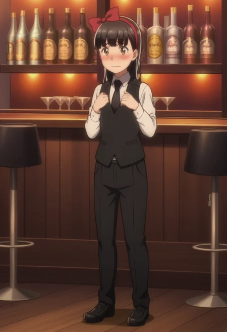 source_anime,anime screencap, anime coloring,intricate details,rating_safe, masterpiece, best quality,
(best quality, absurd res, ultra detailed),,(4 finger:0.5),1girl, ((solo)), good eyes,perfect eyes,,detailed eyes, zPDXLxxx , zPDXL3, ,detailed, detailed face
BREAK
solo,indoors,bar background,standing,front view,embarrassed , wavy mouth , blush,full body,
hitomi, black hair, long hair, brown eyes, bartender uniform, hair bow, hairband, black necktie, white shirt, black vest, black pants,
, <lora:add-detail-xl:2>  <lora:Hitomi:0.8>