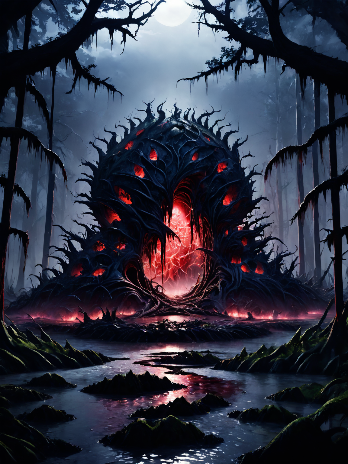 breathtaking an island made of mutated living flesh and teeth in the middle of a toxic swamp, <lora:Cyberfleshmutant:0.6> rotten fleshmutant plants, <lora:DonMD3m0nV31nsXL_v1.1:1> DonMD3m0nV31nsXL, demonic, pulsating veins, bio, organic terrain and ground, <lora:EnvyDreamlandsXL01-adamw:0.5>, dark and mysterious atmosphere,, masterpiece, award-winning, professional, highly detailed, rim lighting