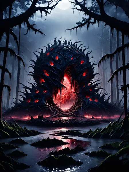 breathtaking an island made of mutated living flesh and teeth in the middle of a toxic swamp, <lora:Cyberfleshmutant:0.6> rotten fleshmutant plants, <lora:DonMD3m0nV31nsXL_v1.1:1> DonMD3m0nV31nsXL, demonic, pulsating veins, bio, organic terrain and ground, <lora:EnvyDreamlandsXL01-adamw:0.5>, dark and mysterious atmosphere,, masterpiece, award-winning, professional, highly detailed, rim lighting