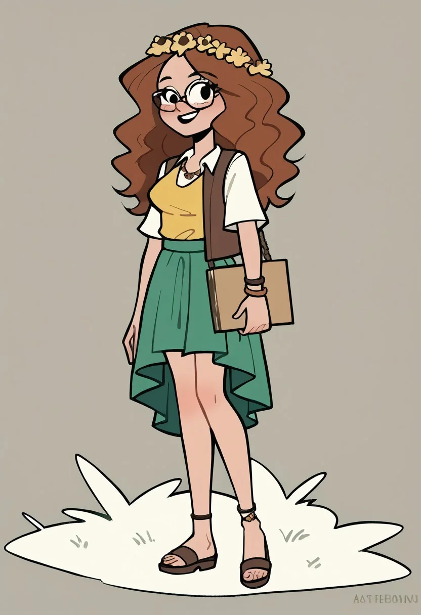 Masterpiece, score_9, score_8_up, source cartooon, full body 1girl, long hair, brown wavy hair, hippie oufit, long green skirt, yellow blouse, hippie vests, glasses, holding a protests sign,. wholesome face, slim body.