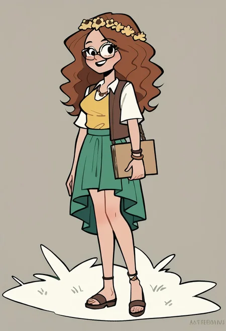 Masterpiece, score_9, score_8_up, source cartooon, full body 1girl, long hair, brown wavy hair, hippie oufit, long green skirt, yellow blouse, hippie vests, glasses, holding a protests sign,. wholesome face, slim body.