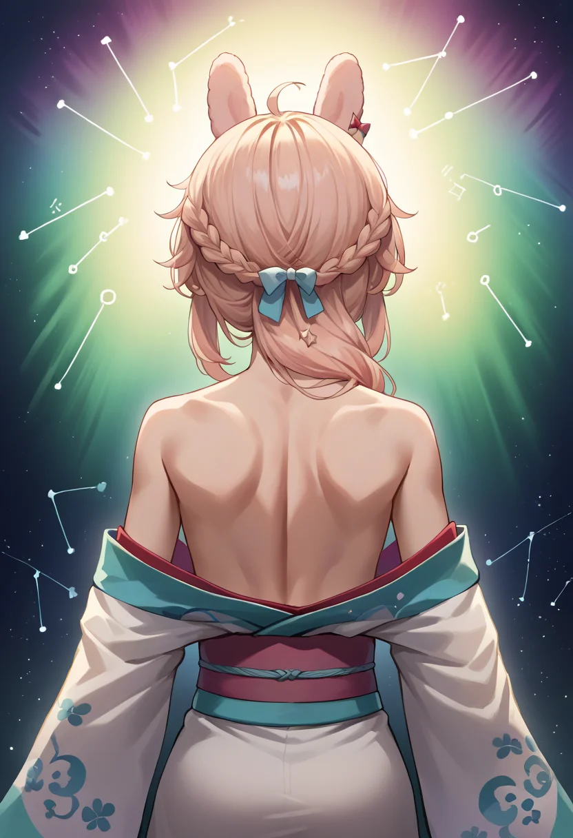 score_9, score_8_up, source_anime, PippaPipkin, long hair, braid, ahoge, hair ornament, hair bow, aurora, back, bare back, bare shoulders, constellation, from behind, kimono, light particles, long sleeves, off shoulder, <lora:ChamPippaPipkinPonyXL-000008:1>