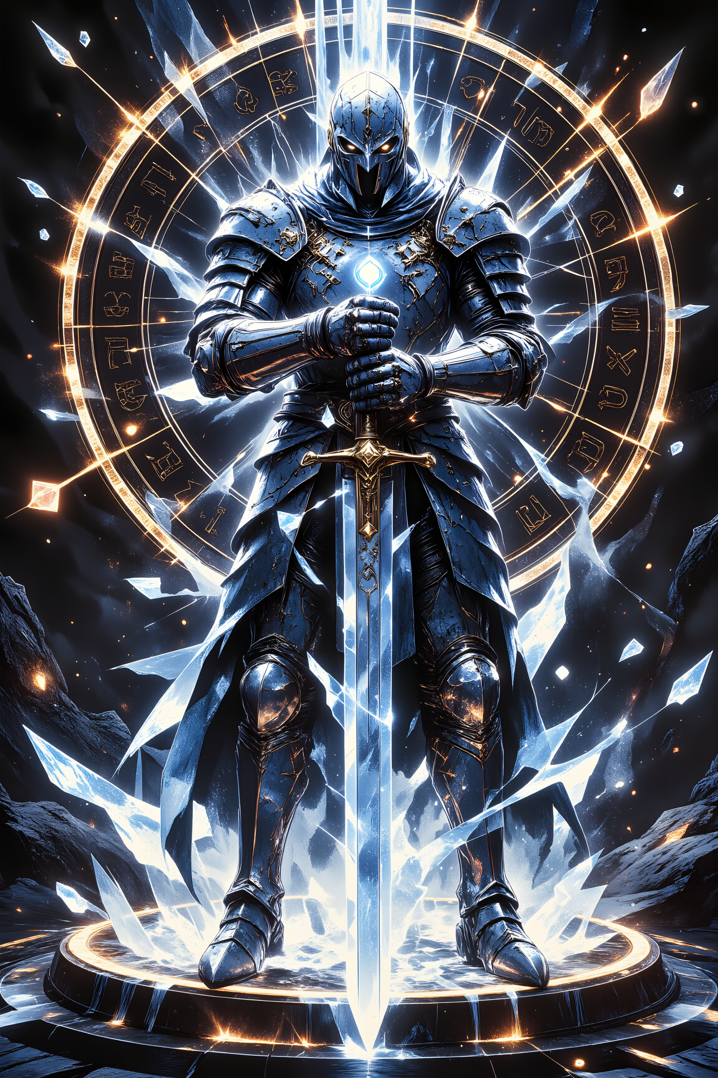 A armored knight stands in a circle of glowing runes, their plate armor transforming from rusted iron to pure crystal. The transformation spreads in geometric patterns, each piece of armor becoming transparent and refracting light. Their sword undergoes the same change, its blade turning into perfect crystal that emits rays of white light. The runes beneath float upward like reverse snowfall, each turning into a small prism as it rises. Floating crystals orbit the scene in perfect circles.dramatic lighting , detailed background  Fantastic lighting. Detailed shadows.intricate details, vivid colors, hyper-detailed, ultra-sharp, <lora:RetroAnimeFluxV1:0.65><lora:flux.1_lora_flyway_ink-dynamic:0.6><lora:New_Fantasy_CoreV4_FLUX:0.8>