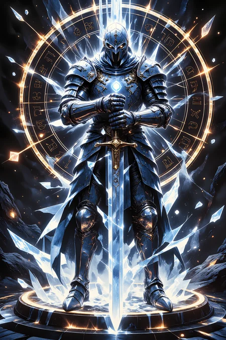 A armored knight stands in a circle of glowing runes, their plate armor transforming from rusted iron to pure crystal. The transformation spreads in geometric patterns, each piece of armor becoming transparent and refracting light. Their sword undergoes the same change, its blade turning into perfect crystal that emits rays of white light. The runes beneath float upward like reverse snowfall, each turning into a small prism as it rises. Floating crystals orbit the scene in perfect circles.dramatic lighting , detailed background Fantastic lighting. Detailed shadows.intricate details, vivid colors, hyper-detailed, ultra-sharp, <lora:RetroAnimeFluxV1:0.65><lora:flux.1_lora_flyway_ink-dynamic:0.6><lora:New_Fantasy_CoreV4_FLUX:0.8>