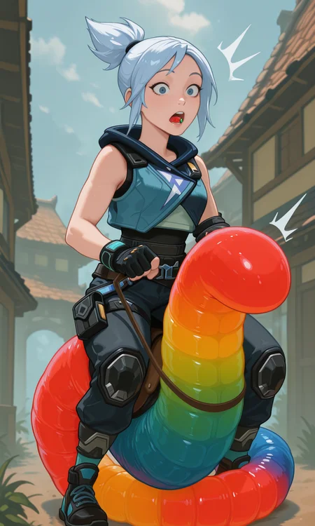 embedding:IllusP0s, g00se, riding gummy worm, reigns, jett_\(valorant\), surprised, close-up, 1girl, solo,<lora:g00se_v2_ill.safetensors:0.9:0.9> <lora:riding gummy worm_reigns_illustrious.safetensors:1:1>