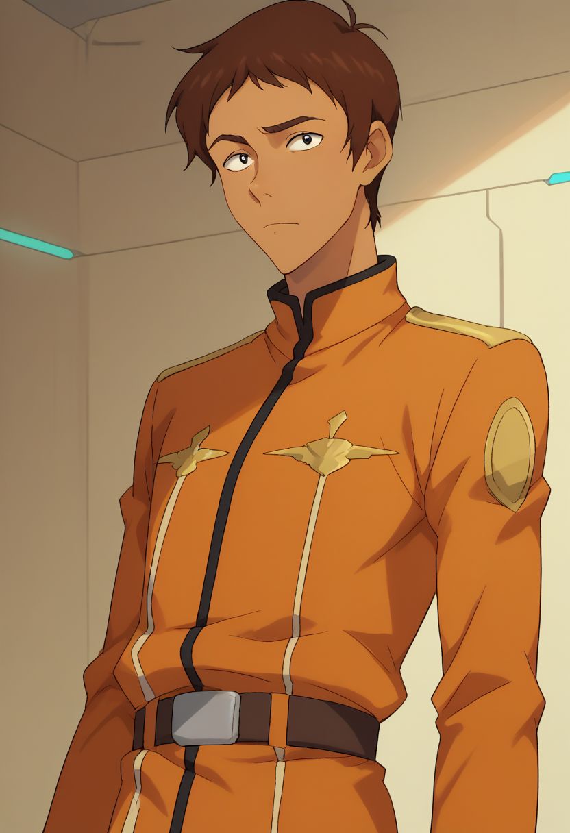 score_9, score_8_up, score_7_up, source_anime, highly detailed, 
lance, 1boy, solo, male focus, brown hair, dark skin, dark-skinned male, uniform, military uniform,  orange uniform, belt, upper body,
indoor, sci-fi,