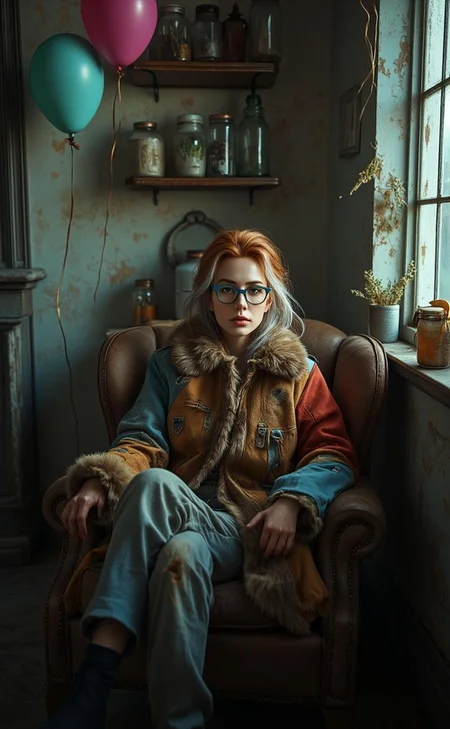 <lora:Refined_Beauty_v1_style.safetensors:1> RefinedBeauty_DA
In a softly lit, lived-in space, a middle-aged woman with a gentle, weathered face and auburn hair streaked with silver sits on an old, creaky armchair. Her attire is a blend of vintage and practical, a fur-trimmed coat in muted shades of orange, red, and blue, with patches and frayed edges that tell stories of use and care. She wears a pair of vintage blue glasses, the frames slightly worn and the lenses slightly scratched, adding to the charm. Her presence is both calm and strong, a reflection of the resilience she has built over the years.
The room around her is a tapestry of imperfections and history. The walls are adorned with old, faded wallpaper, the peeling edges revealing layers of past lives. Vintage apothecary jars, some chipped and worn, line the shelves, each containing a small, whimsical trinket or a sprig of dried herbs. Large, colorful balloons, some slightly deflated, float near the ceiling, their strings tangled and knotted, adding a playful yet subdued charm.
Soft, ambient lighting filters through a window with cracked panes, casting imperfect shadows and highlights on the rough, wooden floor. The light accentuates the textures of the fur and the ornate fabrics, giving the scene a depth and authenticity that feels both magical and real. In this setting, the beauty of imperfections is celebrated, each flaw a testament to the strength and richness of human experience.