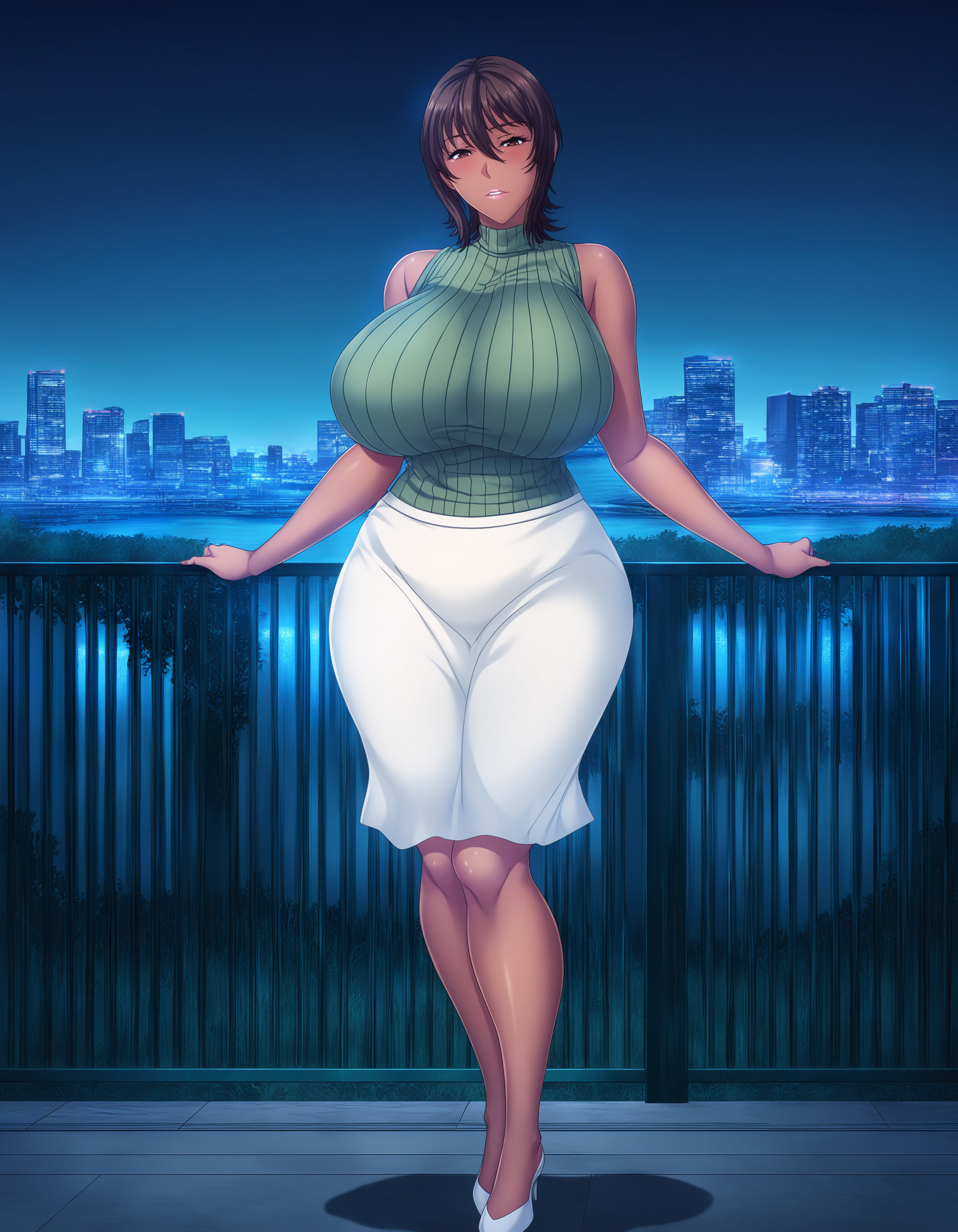 masterpiece, good quality, best quality, highres, absurdres, very awa, shadow, (anime screenshot:0.5), game cg, uncensored, 
Shiori Nishimura, standing,
1girl, dark-skinned female, mature female, solo,
looking at viewer, parted lips, 
brown hair, short hair, brown eyes, 
sleeveless sweater, green sweater, yellow  turtleneck, white skirt, medium skirt, white footwear, high heels, 
curvy, huge breasts, thighs,
outdoors, night, fence, hand on fence, wind, wavy hair, night sky, river, skyscraper, city,
<lora:Shiori Nishimura 3216 NoobAIXL Vpred:1>