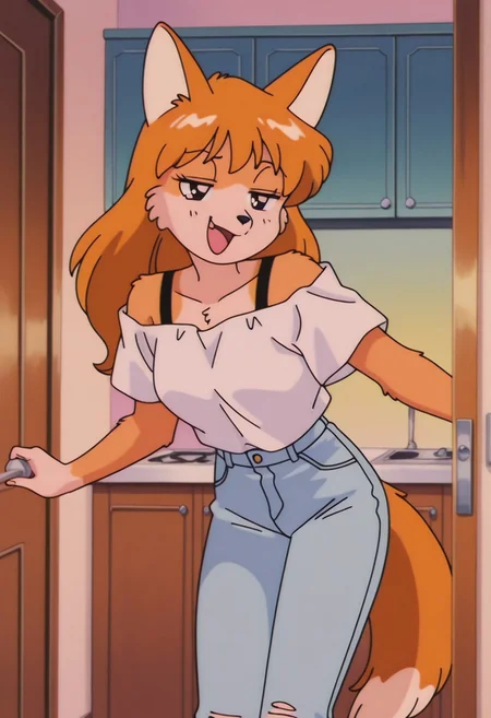 best quality, high quality, highly aesthetic, masterpiece, 
anime screencap, anime coloring, retro artstyle, (solo:1.2),
(1girl, anthro, solo, Elsa(HB), dog girl, Welsh Corgi, orange and white fur, black nose, dog tail, (fluffy), smile, black eyes, open mouth, standing, leaning, white t-shirt, off-shoulder, jeans, smug), 
indoors, doorway, kitchen, 
SailorMoonXL