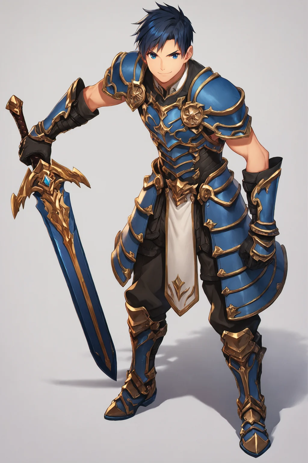 1boy,armor,weapon,male focus,solo,sword,simple background,full body,blue eyes,looking at viewer,white background,boots,standing,black hair,gloves,smile,shoulder armor,armored boots,hands on hilt,blue hair,uniform,score_9,score_8_up,<lora:saitom_XL_PONY:0.8>,