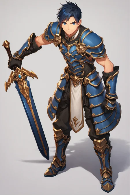 1boy,armor,weapon,male focus,solo,sword,simple background,full body,blue eyes,looking at viewer,white background,boots,standing,black hair,gloves,smile,shoulder armor,armored boots,hands on hilt,blue hair,uniform,score_9,score_8_up,<lora:saitom_XL_PONY:0.8>,