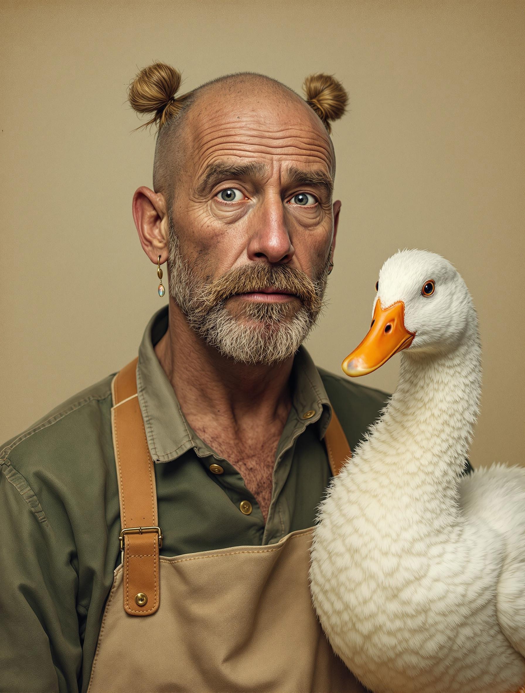 A hi-res, highly detailed, photographic, balanced composition. A highly detailed and realistic portrait of a middle-aged man with a rugged and weathered face, showcasing fine details of his skin texture, wrinkles, and freckles. His hair is styled uniquely, with two small buns tied symmetrically on the sides of his head, leaving the top bald and shiny. He wears a casual green shirt, slightly weathered, paired with a beige apron that has visible wear and tear, hinting at his craftsmanship or labor background. A single earring dangles from one ear, adding a touch of character. To the right side of the frame, a white duck is prominently featured, its beak bright orange and glossy, and its feathers fluffy with subtle shading and texture. The duck appears curious and calm, its face positioned close to the man's, creating a whimsical and unexpected contrast. The background is a soft beige tone with a lightly distressed texture, giving the composition a vintage and painterly aesthetic. The overall lighting is soft and warm, highlighting the man's facial features and the duck's feathers in a balanced and harmonious way.